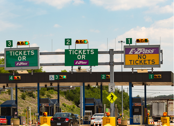 Three toll stations on a highway.